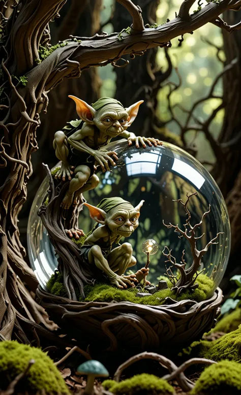 Enter a realm of mystery and mischief, captured within the confines of a highly detailed glass sphere. Within this miniature world, a mischievous goblin lurks amidst a labyrinth of twisted roots, jagged rocks, and eerie glows, Every intricate detail of the goblin's lair is meticulously rendered, from the gnarled branches that twist and coil around the landscape to the faint flicker of luminescent mushrooms that dot the forest floor. Shadows dance across the scene, casting an air of secrecy and intrigue over the goblin's domain, (ultra realistic details), (UHD)