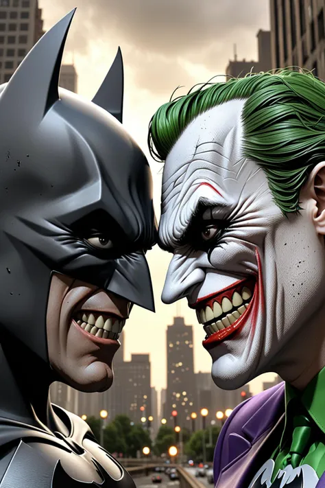 (Cinematic), (oversized facial features:1.5), (caricature:1.4), Raw 3D render of (Batman and The Joker facing head to head) Both have big noses, big chins, big eyes, big teeth, open mouths, both have angry faces, Poster, City background
