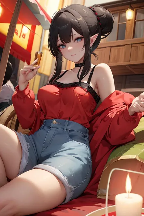 (masterpiece, best quality), female retirement age, supple, pacific islander, amber eyes, large ears, square chin with cleft, low cheekbones, , blue top knot hair, affection wearing denim jumpsuit, bra and panty set, wedges, tiara,, wearing a hat, wearing a hat with a seductive look, adding a touch of mystery and allure, firelight, the flickering glow of a fireplace, bringing intimacy and warmth to the setting, a lively street fair, with food stalls, live music, and laughter