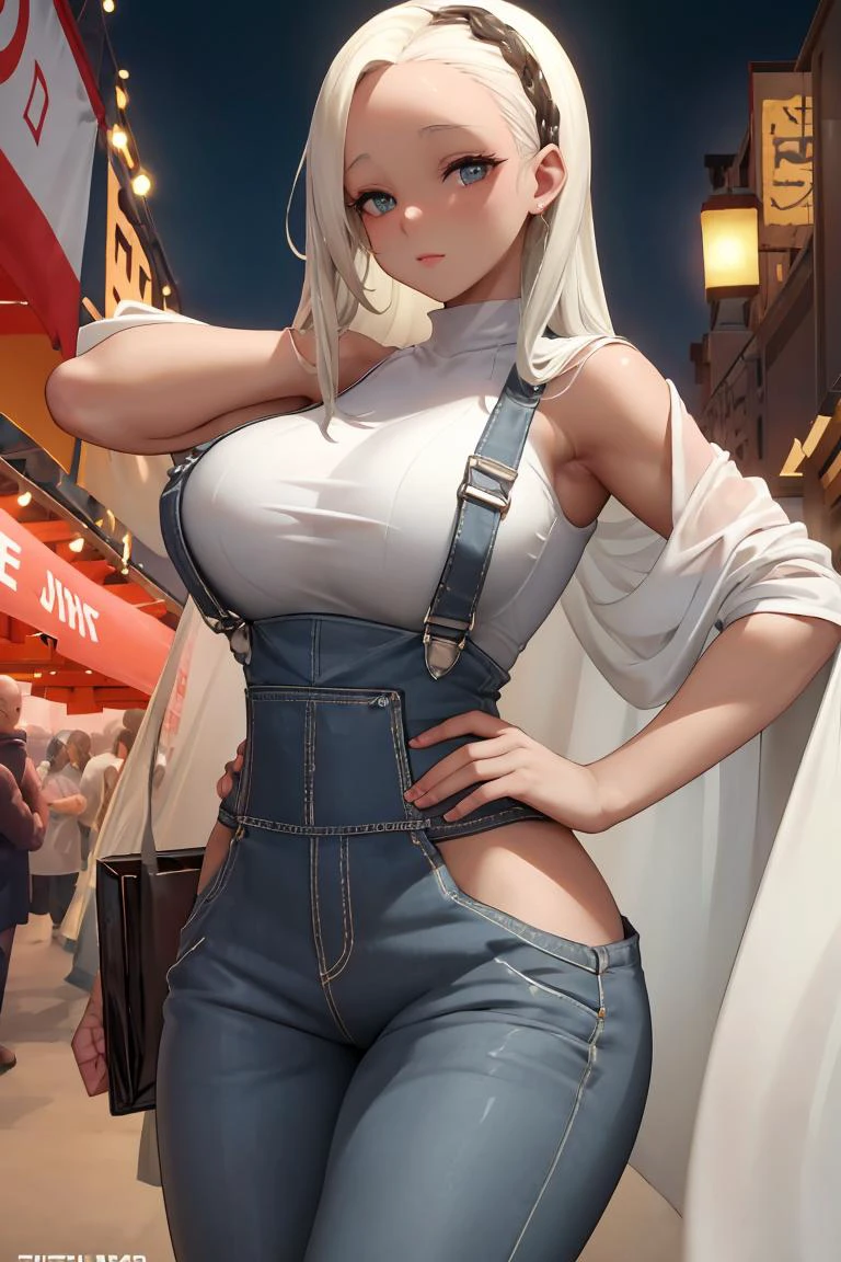 (masterpiece, best quality), female twenty-something, agile, sub-saharan african, light brown eyes, folded ears, bulbous nose, receding chin, uneven cheeks, narrow forehead, well-defined veins, , aqua blunt cut hair, relief wearing capri overalls, corset-style crop top, wedges, , wrapped in a sheet, wrapped in a sheet with a sultry glance, creating an intimate and enticing pose, city lights, the glittering lights of a cityscape, providing a backdrop for urban romance, a vibrant farmer's market, bustling with people and colorful produce