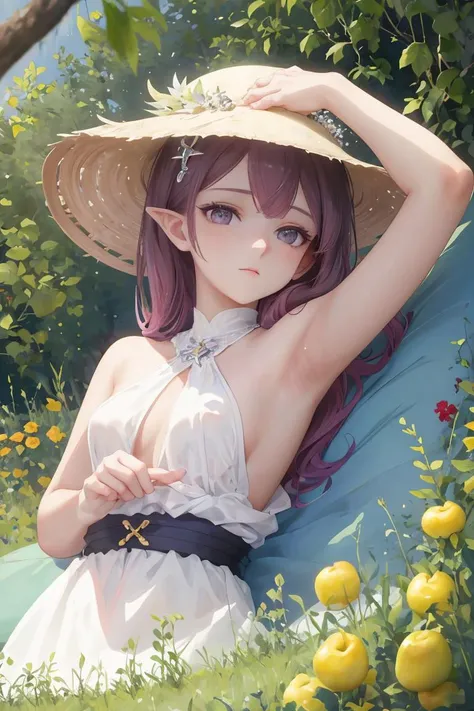 (masterpiece, best quality), female midlife, delicate, scandinavian, brown eyes, flared ears, round nose, round chin, hollow cheeks, pear face shape, , violet beehive hairstyle hair, envy wearing printed boyshorts, tanga, tiaras with crystal accents,, wearing a hat, wearing a hat with a seductive look, adding a touch of mystery and allure, backlighting, creates a halo effect around characters, giving them a radiant and romantic aura, a picturesque countryside, with rolling hills, green meadows, and grazing animals