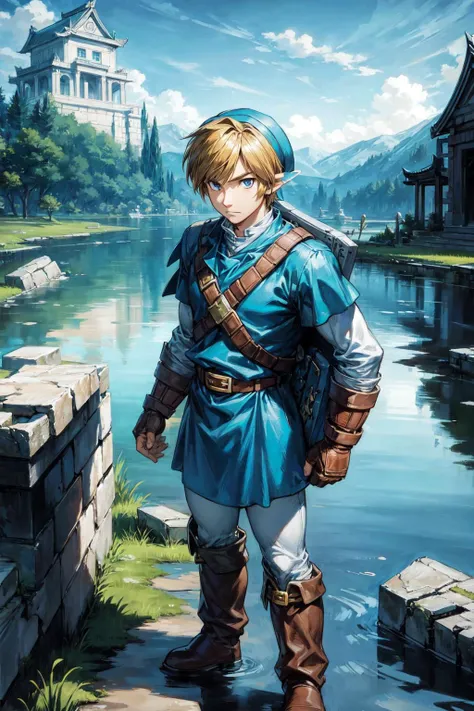 thick outlines, comics, photorealistic, 1man, solo, standing, <lora:ootlink-nvwls-v1:0.8>, ootLink, hat, blue tunic, belt, fingerless gloves, iron boots, lake, underwater, in front of a temple, ruins, detailed background, detailed face, detailed eyes, <lora:add_detail:0.7>