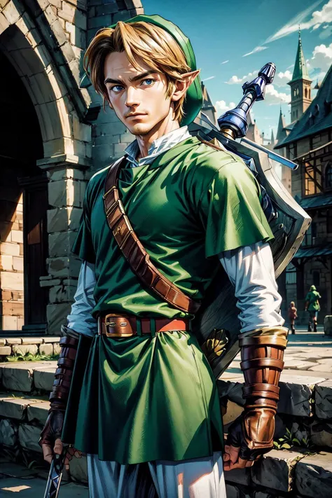 thick outlines, comics, photorealistic, masterpiece:1.2, 1man, solo, <lora:ootlink-nvwls-v1:0.9>, ootLink, hat, green tunic, belt, fingerless gloves, weapon on back, castle, medieval, market place, detailed background, detailed face, detailed eyes, <lora:add_detail:0.7>