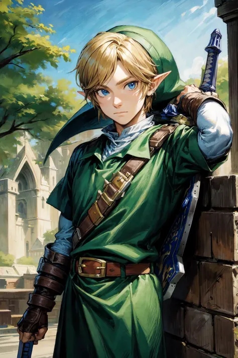 thick outlines, comics, photorealistic, masterpiece:1.2, 1man, solo, <lora:ootlink-nvwls-v1:0.9>, ootLink, hat, green tunic, belt, fingerless gloves, weapon on back, castle, medieval, market place, detailed background, detailed face, detailed eyes, <lora:add_detail:0.7>