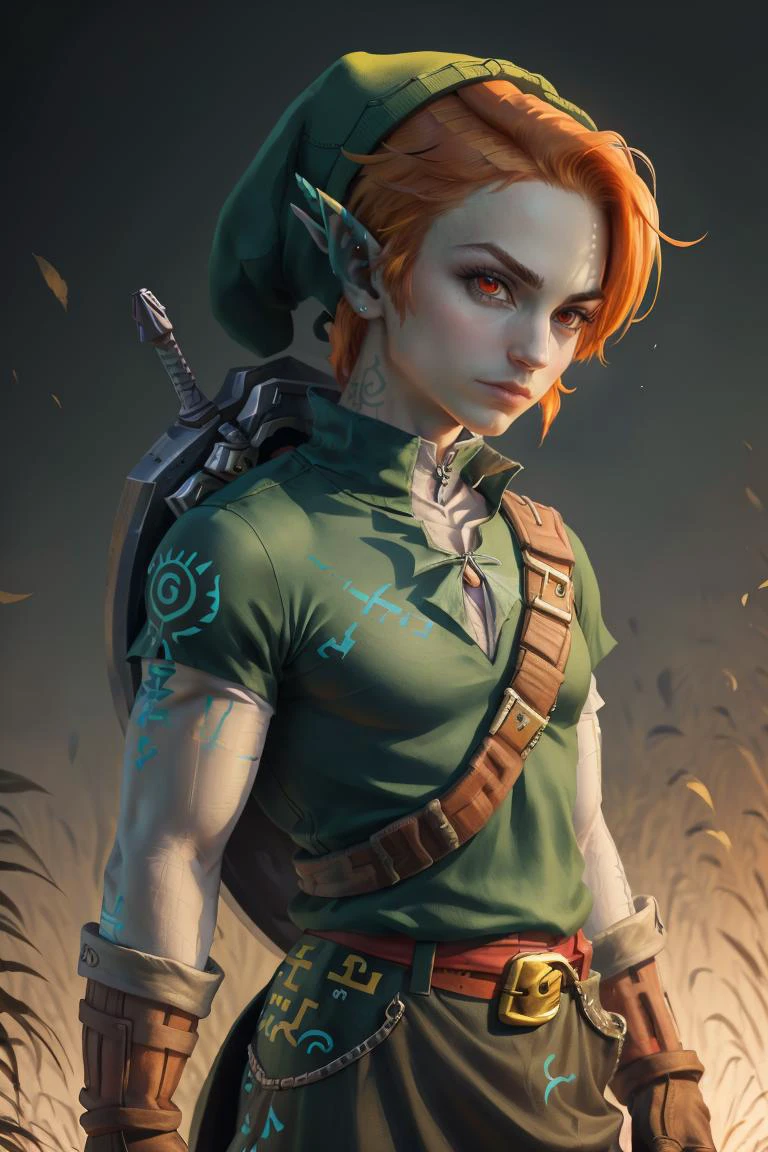 ((masterpiece,best quality)), <lora:Twilight_Theme_Zelda_Anime:0.6>, (Twilight_Theme_Zelda), glow, glowing, green glow, dark skin, grey skin, glowing tattoo, pointy ears, red eyes, orange hair, short hair, yellow sclera, <lora:ootlink-nvwls-v1:1> ootlink, hat, green tunic, belt, gloves, cowboy shot, looking at viewer, male focus, hands at sides,