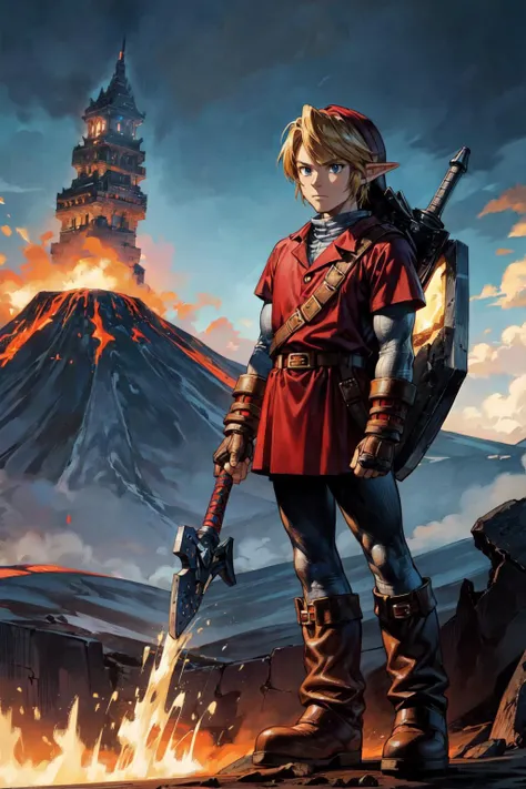thick outlines, comics, photorealistic, 1man, solo, standing, <lora:ootlink-nvwls-v1:0.8>, ootLink, hat, red tunic, belt, fingerless gloves, boots, mountain, volcano, lava, ruins, temple, detailed background, detailed face, detailed eyes, <lora:add_detail:0.7>