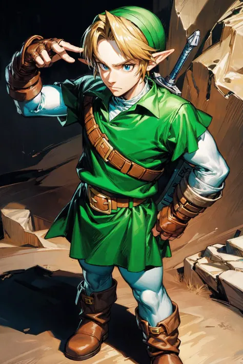 thick outlines, comics, photorealistic, 1man, solo, standing, holding, <lora:ootlink-nvwls-v1:0.8>, ootLink, hat, green tunic, belt, fingerless gloves, boots, cavern, detailed background, detailed face, detailed eyes, <lora:add_detail:0.7>
