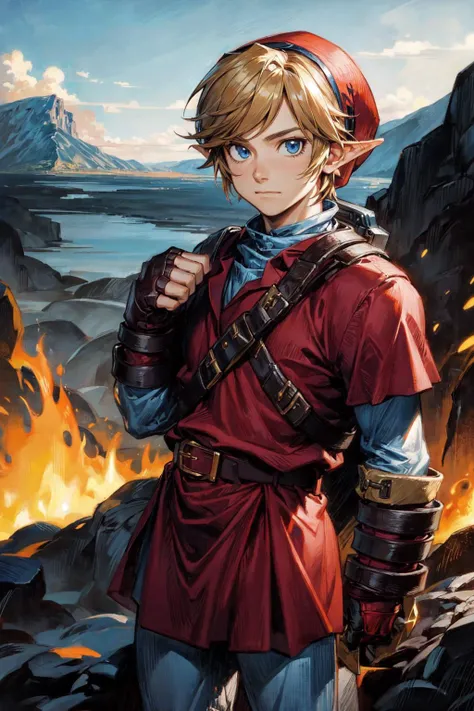 thick outlines, comics, photorealistic, 1man, solo, standing, <lora:ootlink-nvwls-v1:0.8>, ootLink, hat, red tunic, belt, fingerless gloves, boots, mountain, lava, detailed background, detailed face, detailed eyes, <lora:add_detail:0.7>