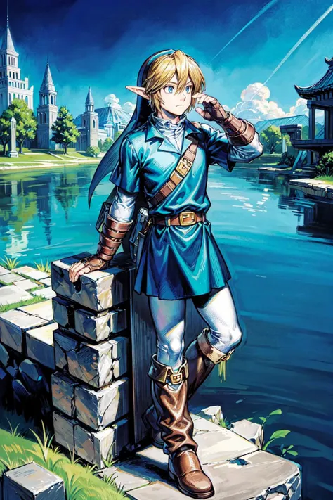 thick outlines, comics, photorealistic, 1man, solo, standing, <lora:ootlink-nvwls-v1:0.8>, ootLink, hat, blue tunic, belt, fingerless gloves, iron boots, lake, underwater, in front of a temple, ruins, detailed background, detailed face, detailed eyes, <lora:add_detail:0.7>