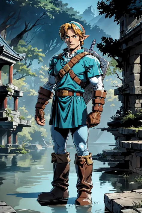 thick outlines, comics, photorealistic, 1man, solo, standing, <lora:ootlink-nvwls-v1:0.8>, ootLink, hat, blue tunic, belt, fingerless gloves, iron boots, lake, underwater, in front of a temple, ruins, detailed background, detailed face, detailed eyes, <lora:add_detail:0.7>