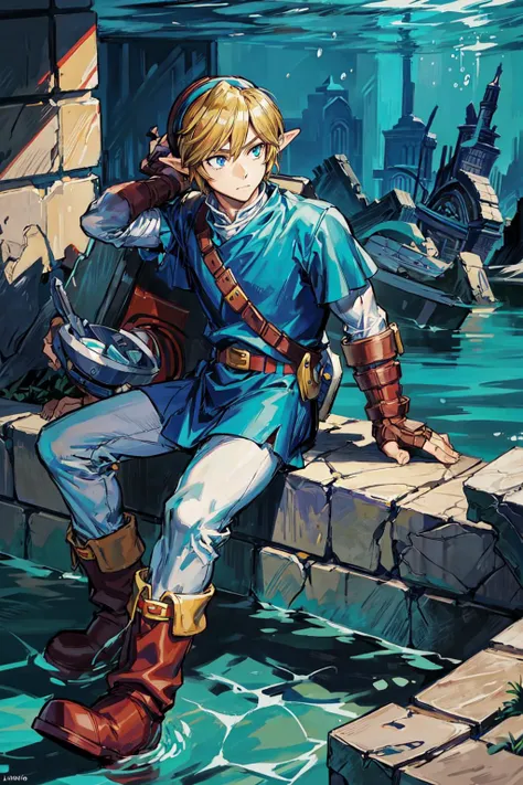 thick outlines, comics, photorealistic, 1man, solo, swimming, <lora:ootlink-nvwls-v1:0.8>, ootLink, hat, blue tunic, belt, fingerless gloves, iron boots, lake, underwater, temple, ruins, detailed background, detailed face, detailed eyes, <lora:add_detail:0.7>