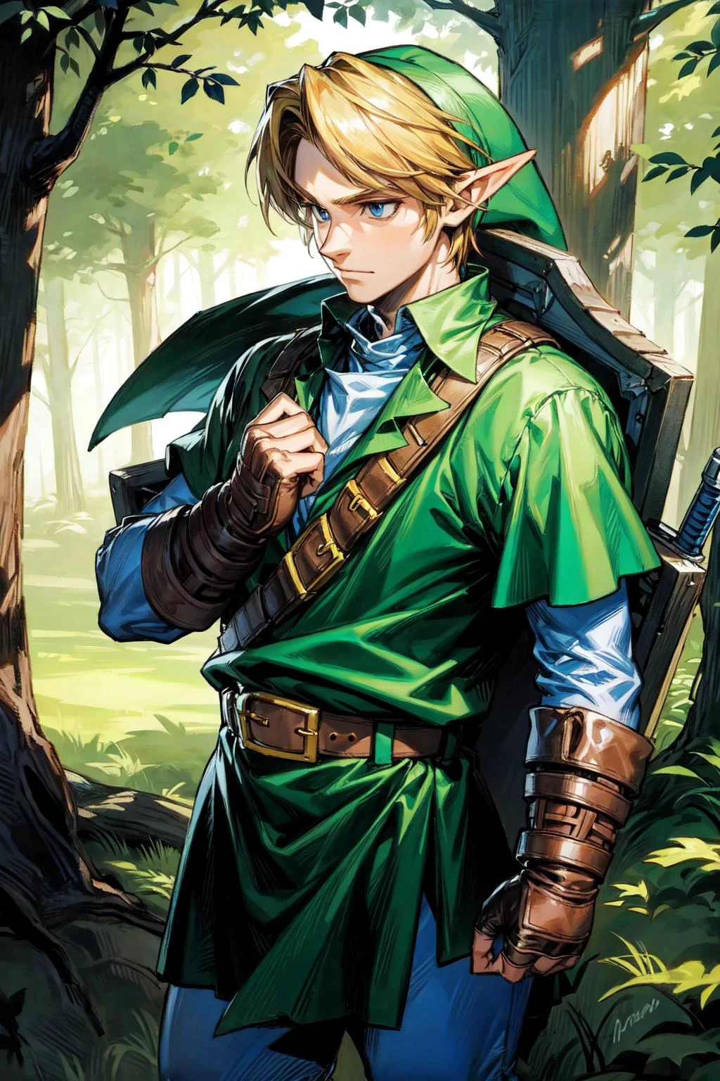 thick outlines, comics, photorealistic, 1man, solo, standing, <lora:ootlink-nvwls-v1:0.8>, ootLink, hat, green tunic, belt, fingerless gloves, boots, dark forest, mist, treasure chest, detailed background, detailed face, detailed eyes, <lora:add_detail:0.7>