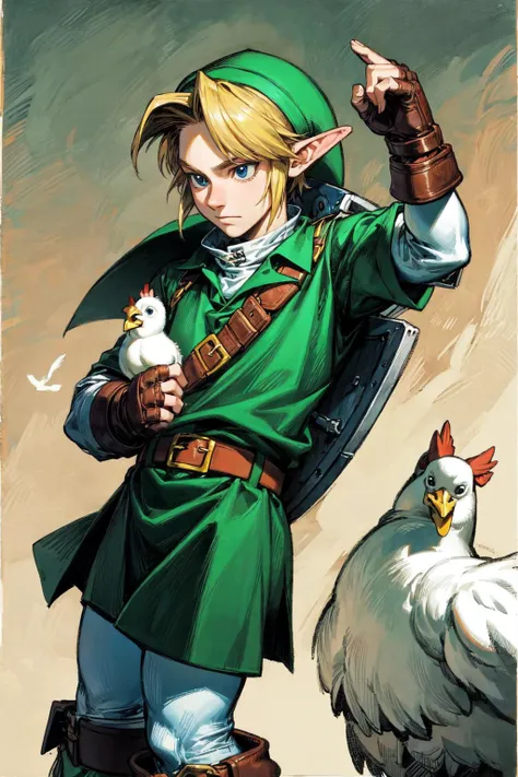 thick outlines, comics, photorealistic, 1man, solo, standing, <lora:ootlink-nvwls-v1:0.8>, ootLink, hat, green tunic, belt, fingerless gloves, boots, Ranch, chickens, detailed background, detailed face, detailed eyes, <lora:add_detail:0.7>