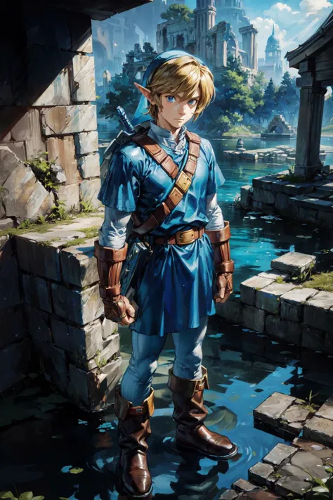 thick outlines, comics, photorealistic, 1man, solo, standing, <lora:ootlink-nvwls-v1:0.8>, ootLink, hat, blue tunic, belt, fingerless gloves, iron boots, lake, underwater, in front of a temple, ruins, detailed background, detailed face, detailed eyes, <lora:add_detail:0.7>