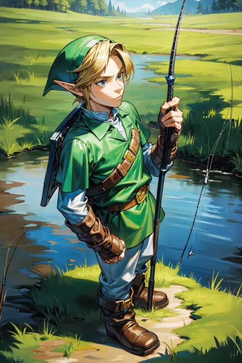 thick outlines, comics, photorealistic, 1man, solo, standing, Fishing, Fishing rod, <lora:ootlink-nvwls-v1:0.8>, ootLink, hat, green tunic, belt, fingerless gloves, boots, pond, fishs, detailed background, detailed face, detailed eyes, <lora:add_detail:0.7>