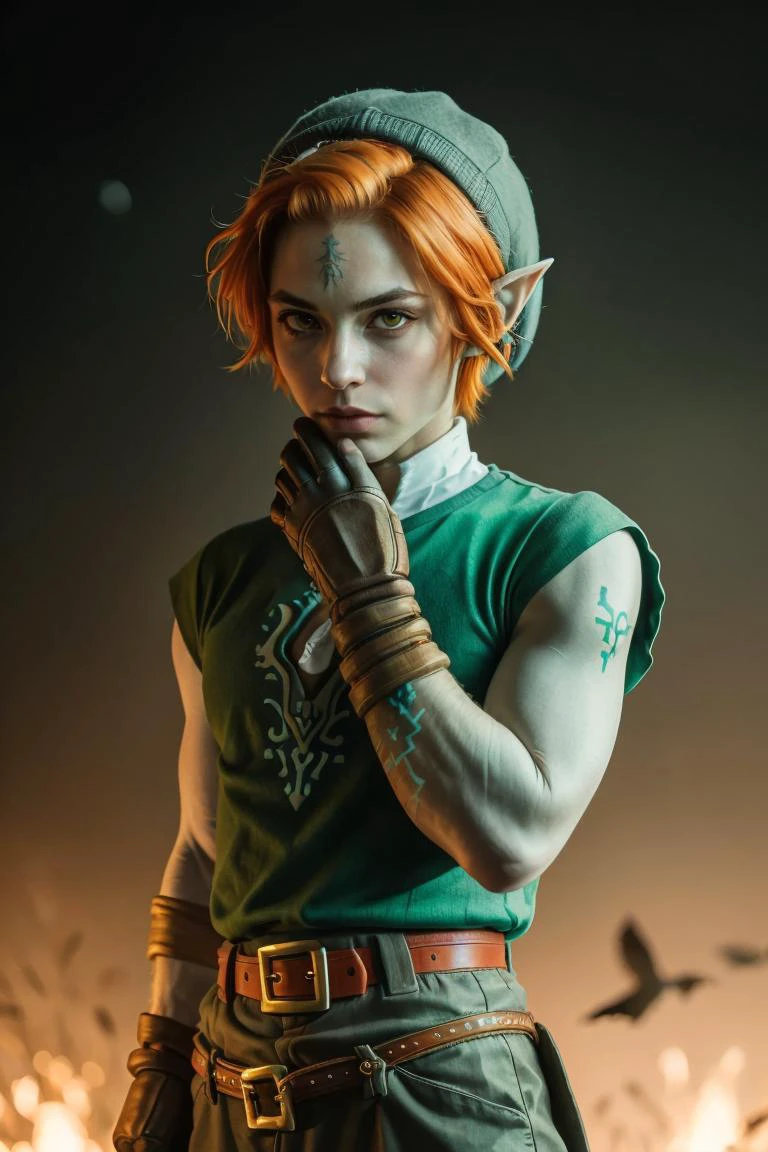 ((masterpiece,best quality)), <lora:Twilight_Theme_Zelda_Anime:0.6>, (Twilight_Theme_Zelda), glow, glowing, green glow, dark skin, grey skin, glowing tattoo, pointy ears, red eyes, orange hair, short hair, yellow sclera, <lora:ootlink-nvwls-v1:1> ootlink, hat, green tunic, belt, gloves, cowboy shot, looking at viewer, male focus, hands at sides,
