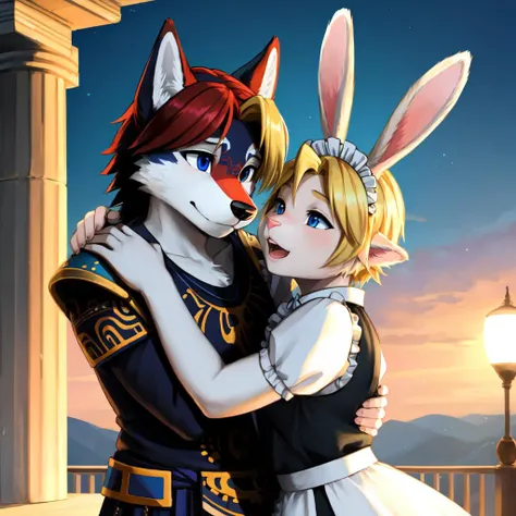 1boy hug 1girl, lookin at each other
(masterpiece:1.2), (highly detailed:1.2), (intricate:1.2), (best quality:1.2),(8k:1.2),
evening, summer cinematic light, vivid colors,
BREAK
(anthro male wolf) in (ancient greek armor), (head tilt:1.4)
BREAK
(ootlink, rabbit head) in (maid uniform, long sleeves, bow, apron, maid, frilled apron), pink fur, (detailed fluffy fur:1.2), (long whiskers), long rabbit ears, (long rabbit snout:1.4), (detailed blonde hair:1.2), blue eyes,open mouth
<lora:ootlink-nvwls-v1:1>