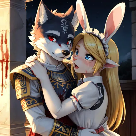 1boy hug 1girl, looking at each other, blood splatter, blood on face,
(masterpiece:1.2), (highly detailed:1.2), (intricate:1.2), (best quality:1.2),(8k:1.2),
evening, summer cinematic light, vivid colors,
BREAK
(anthro male wolf) in (ancient greek armor), (head tilt:1.4),
BREAK
(ootlink, rabbit head) in (maid uniform, long sleeves, bow, apron, maid, frilled apron), pink fur, (detailed fluffy fur:1.2), (long whiskers), long rabbit ears, (long rabbit snout:1.4), (detailed blonde hair:1.2), blue eyes, open mouth, wide-eyed, crying,
<lora:ootlink-nvwls-v1:1>