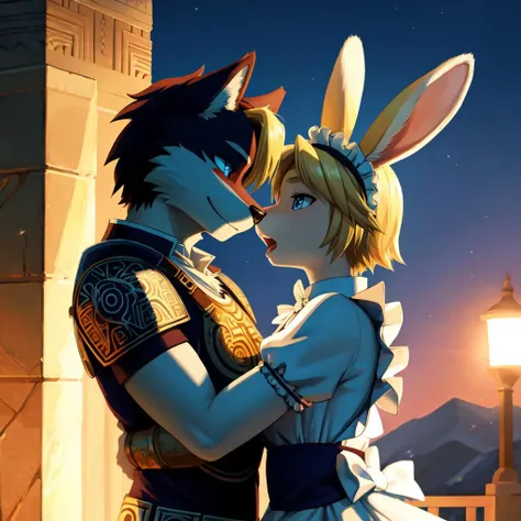 1boy hug 1girl, lookin at each other
(masterpiece:1.2), (highly detailed:1.2), (intricate:1.2), (best quality:1.2),(8k:1.2),
evening, summer cinematic light, vivid colors,
BREAK
(anthro male wolf) in (ancient greek armor)
BREAK
(ootlink, rabbit head) in (maid uniform, long sleeves, bow, apron, maid, frilled apron), pink fur, (detailed fluffy fur:1.2), (long whiskers), long rabbit ears, (long rabbit snout:1.4), (detailed blonde hair:1.2), blue eyes,open mouth
<lora:ootlink-nvwls-v1:1>