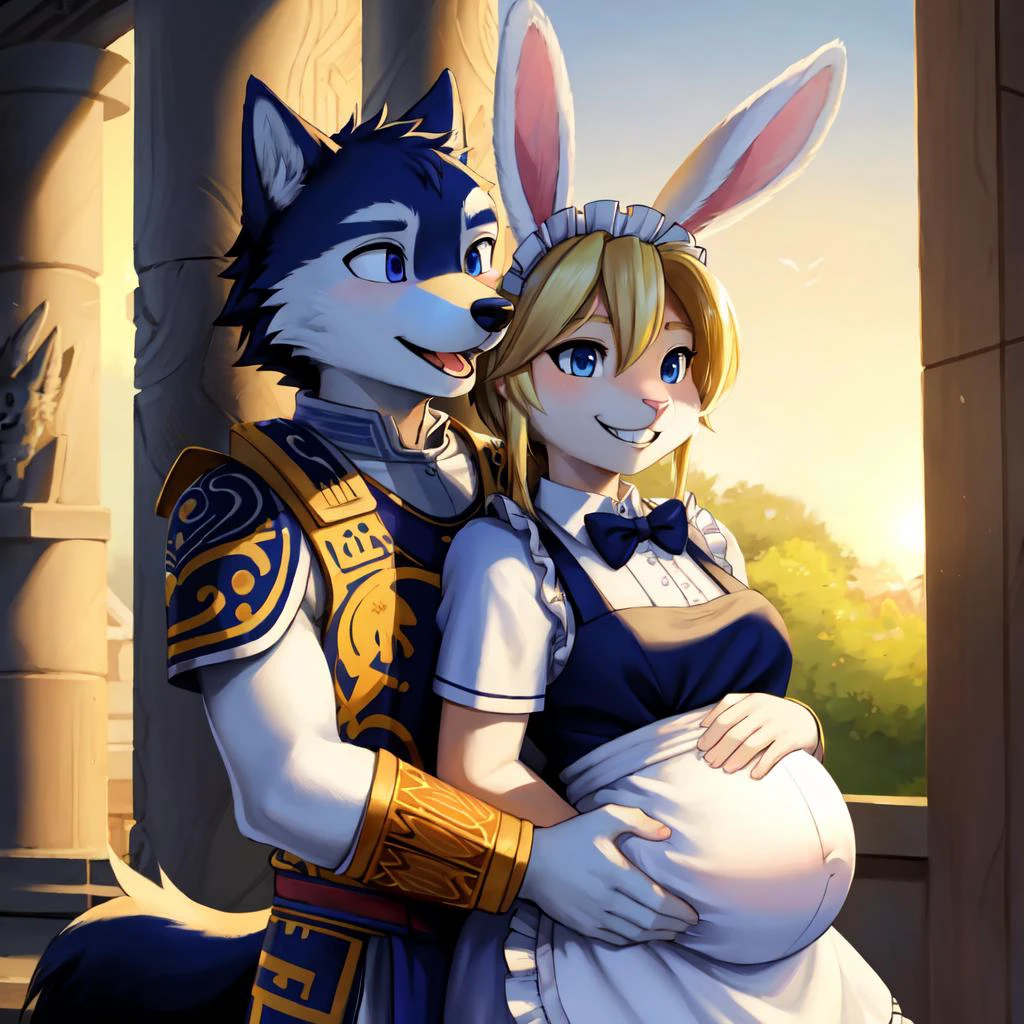 1boy and 1girl,boy hands on girl belly, (boy looking at girl's belly:1.2)
(masterpiece:1.2), (highly detailed:1.2), (intricate:1.2), (best quality:1.2),(8k:1.2),
evening, summer cinematic light, vivid colors,
BREAK
(anthro male wolf) in (ancient greek armor), happy, (open mouth),(wide-eyed:1.3)
BREAK
(ootlink, rabbit head) in (maid uniform, long sleeves, bow, apron, maid, frilled apron), pink fur, (detailed fluffy fur:1.2), (long whiskers), long rabbit ears, (long rabbit snout:1.4), (detailed blonde hair:1.2), blue eyes, (grin:1.2), pregnant
<lora:ootlink-nvwls-v1:1>