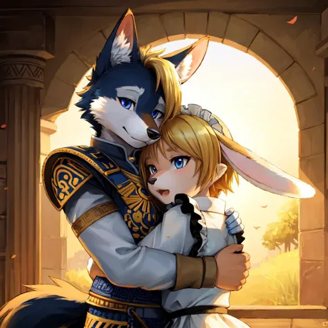 1boy hug 1girl, lookin at each other
(masterpiece:1.2), (highly detailed:1.2), (intricate:1.2), (best quality:1.2),(8k:1.2),
evening, summer cinematic light, vivid colors,
BREAK
(anthro male wolf) in (ancient greek armor), (head tilt:1.4)
BREAK
(ootlink, rabbit head) in (maid uniform, long sleeves, bow, apron, maid, frilled apron), pink fur, (detailed fluffy fur:1.2), (long whiskers), long rabbit ears, (long rabbit snout:1.4), (detailed blonde hair:1.2), blue eyes,open mouth
<lora:ootlink-nvwls-v1:1>
