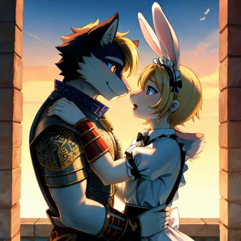 1boy hug 1girl, lookin at each other
(masterpiece:1.2), (highly detailed:1.2), (intricate:1.2), (best quality:1.2),(8k:1.2),
evening, summer cinematic light, vivid colors,
BREAK
(anthro male wolf) in (ancient greek armor)
BREAK
(ootlink, rabbit head) in (maid uniform, long sleeves, bow, apron, maid, frilled apron), pink fur, (detailed fluffy fur:1.2), (ears:0, no ears), long rabbit ears, (long rabbit snout:1.4), (detailed blonde hair:1.2), blue eyes,open mouth
<lora:ootlink-nvwls-v1:1>
