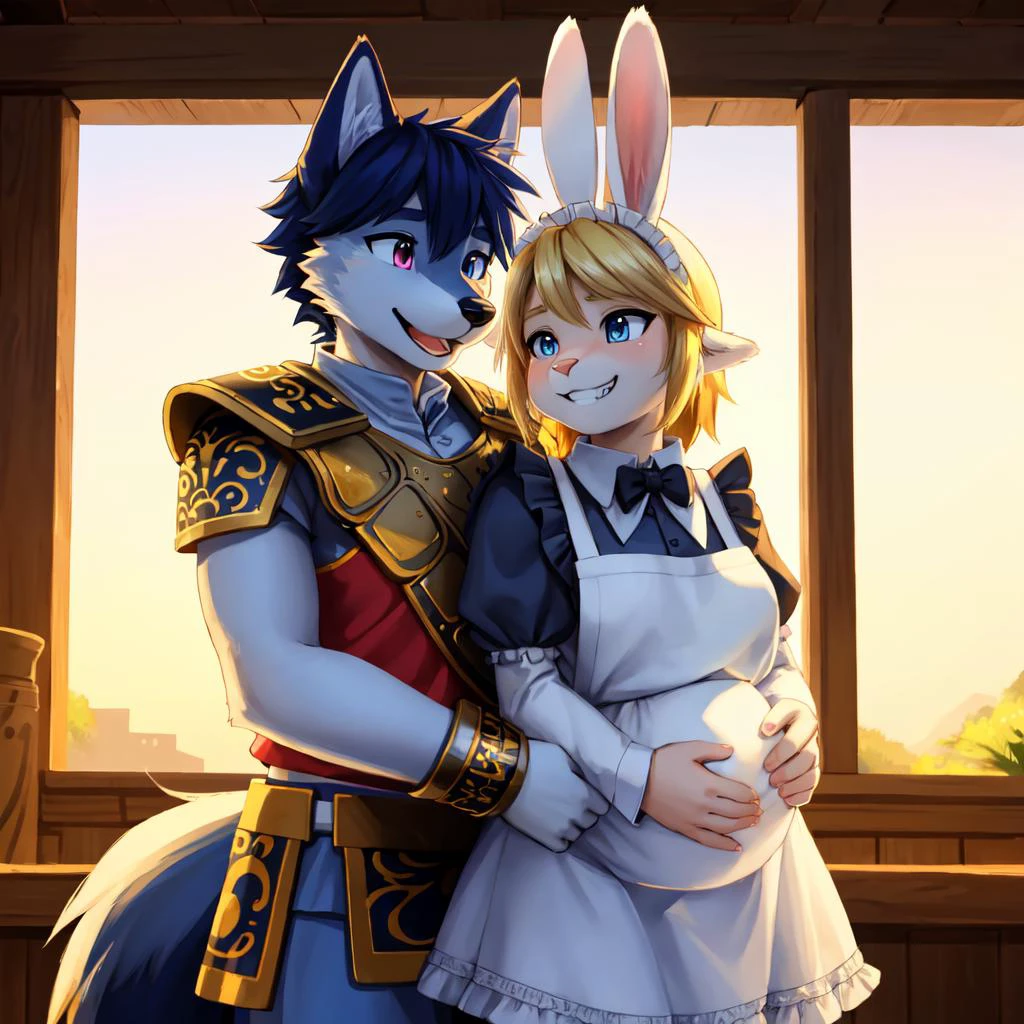 1boy and 1girl,boy hands on girl belly, (boy looking at girl's belly:1.2)
(masterpiece:1.2), (highly detailed:1.2), (intricate:1.2), (best quality:1.2),(8k:1.2),
evening, summer cinematic light, vivid colors,
BREAK
(anthro male wolf) in (ancient greek armor), happy, (open mouth),(wide-eyed:1.3)
BREAK
(ootlink, rabbit head) in (maid uniform, long sleeves, bow, apron, maid, frilled apron), pink fur, (detailed fluffy fur:1.2), (long whiskers), long rabbit ears, (long rabbit snout:1.4), (detailed blonde hair:1.2), blue eyes, (grin:1.2), pregnant
<lora:ootlink-nvwls-v1:1>