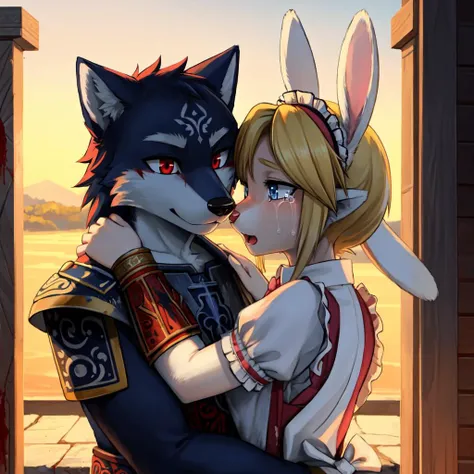 1boy hug 1girl, looking at each other, blood splatter, blood on face,
(masterpiece:1.2), (highly detailed:1.2), (intricate:1.2), (best quality:1.2),(8k:1.2),
evening, summer cinematic light, vivid colors,
BREAK
(anthro male wolf) in (ancient greek armor), (head tilt:1.4),
BREAK
(ootlink, rabbit head) in (maid uniform, long sleeves, bow, apron, maid, frilled apron), pink fur, (detailed fluffy fur:1.2), (long whiskers), long rabbit ears, (long rabbit snout:1.4), (detailed blonde hair:1.2), blue eyes, open mouth, wide-eyed, crying,
<lora:ootlink-nvwls-v1:1>