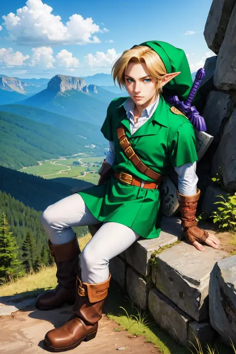 masterpiece, best quality, <lora:ootlink-nvwls-v1-000009:0.9> ootlink, hat, green tunic, belt, fingerless gloves, boots, weapon on back, looking at viewer, sitting, from above, mountains, rocks