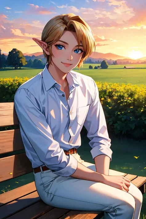 masterpiece, best quality, <lora:ootlink-nvwls-v1-000009:0.9> ootlink, white shirt, trousers, sitting, looking at viewer, farm, sunset, bench, smile