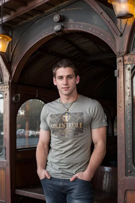 sc_aaron4 <lora:sc_aaron4-07:0.75> posing on a platform in a vintage train station, wearing a (grey classic rock t-shirt) and olive-green chinos, intricate rusty ironwork, word wooden benches, faded painted signs, old train tracks, vintage locomotive, iron and glass roof, golden hour, soft amber glow, vintage suitcases, old newspaper stand, highly detailed, ultra detailed photograph, warm lighting, 4k, sharp focus, high resolution, detailed skin, detailed eyes, 8k uhd, dslr, high quality, film grain, (Esquire magazine)