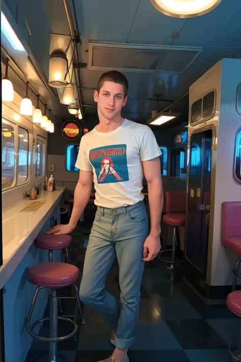 man sc_aaron4 <lora:sc_aaron4-07:0.75> modeling in a retro diner at midnight, wearing classic rock t-shirt and pants, vintage jukebox, soft glow, nostalgia, checkerboard floor, shiny vinyl booths, chrome-edged tables, large windows, moonlit street outside, counter, light coming from neon signs outside, overhead lights, (moody:atmospheric:0.5), row of swivel stools, old framed photographs, vintage advertisements, (rolling stone magazine), (photo by Ellen von Unwerth), retro vibes
