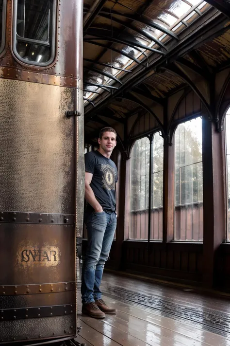 sc_aaron4 <lora:sc_aaron4-07:0.75> on a platform in a vintage train station, wearing a classic rock t-shirt, intricate rusty ironwork, word wooden benches, faded painted signs, old train tracks, vintage locomotive, iron and glass roof, golden hour, soft amber glow, vintage suitcases, old newspaper stand, highly detailed, ultra detailed photograph, warm lighting, 4k, sharp focus, high resolution, detailed skin, detailed eyes, 8k uhd, dslr, high quality, film grain