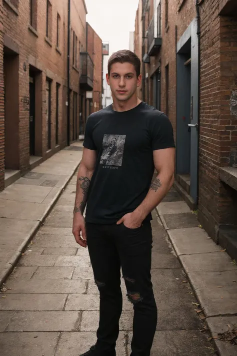 RAW Photo, medium shot photo of man sc_aaron4 <lora:sc_aaron4-07:0.75> modeling in a faded black classic rock t-shirt and dark gray jeans and leek black leather boots with rings on his fingers, posing in an urban alleyway with red brick walls, distinct brick patterns, damp street, minimal graffiti, dusk, city skyline silhouette, soft diffused natural light, dazed magazine, photo by Hedi Slimane, black hair, short hair, blue eyes