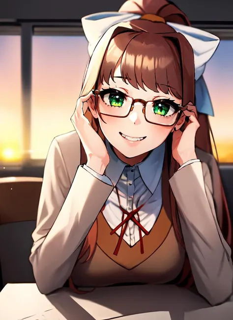 ((best quality)), ((highly detailed)), extremely detailed face, beautiful face, , (1girl), (glasses), <lora:Adjusting hair & Hair Tucking b:1>, hair-tucking, hair tucking, hand up, upper body, <lora:MonikaV1:.7>, Monika, (green eyes), brown hair, bangs, very long hair, long hair, ponytail, sidelocks, hair bow, white bow, grin, white sundress, sunset, (indoors, at a classroom, desks, a schoolgirl, schoolgirl uniform, pleated skirt, <lora:EraseGroinSkirt:1>)