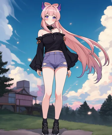 ((masterpiece)), (best quality:1.7), (detailed:1.4), (high res:1.4), 8k, (colorful:1.5), 2d, high resolution, sharped image, 4k, hd, ((kokomi_genshin)), 1girl, solo, purple eyes, ((pink hair)), big breasts, ((blunt bangs)), long hair, bow-shaped hair, very long hair, ((hair ornament)), casual shirt, short jeans, collaborne, bare legs, ((black socks)), black sneakers, arms on own hips, full body, cinematic light, particles, glowing, light shadows, ((purple hair ends)), square, trees, sitting, seat, clouds, wind, leaves, ((looking at viewer)), ((bare shoulders)), (frilled sleeves), (((standing))), ((smile)), (blush), sexy, (bare legs), <lora:kokomi_genshin:0.6>, <lora:thickerLinesanimeStyle:0.6>