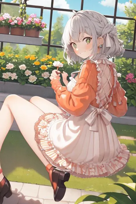 lunachan, Uekura Eku, 1girl,smile, portrait, (solo), brown skin:1.3), day time,mature woman, medium breasts, short hair ,(silver hair) curled hair, , long legs orange sweater dress, from behind, kind smile garden, flowers, flower pot, hanging plants, plants, large leaves, vines, greenhouse, stones masterpiece, best quality,