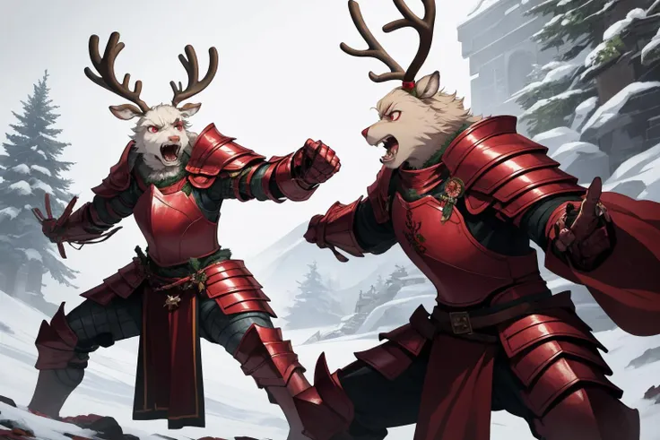 masterpiece, best quality, furry, reindeer antlers, standing, <lora:reindeerknight-oc-richy-v1:1> reindeerknight, multiple others, armor, shoulder armor, gauntlets, greaves, group, army, lineup, red eyes, angry, rage, yelling, open mouth, shouting, teeth, red nose, fighting, fighting stance,