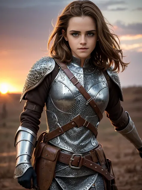 full body picture of emwats0n, light brown hair, hazel eyes,(freckles):1, the most beautiful in the world, super detailed eyes, (freckles:0.99), (damaged filigree chainmail armor), (dirt and mud on skin and armor), dirty, muddy, blood, smoke, fire, outdoors, sunset, battle field, mud, dirt, professional photograph of a stunning woman detailed, perfect bobbed sexy intense hair, sharp focus, dramatic, award winning, cinematic lighting, volumetrics dtx, (film grain, blurry background, blurry foreground, bokeh, depth of field, sun setting interaction, Perfect chainmail), (masterpiece), (extremely intricate:1.3), (realistic), HDR+, medieval battlefield