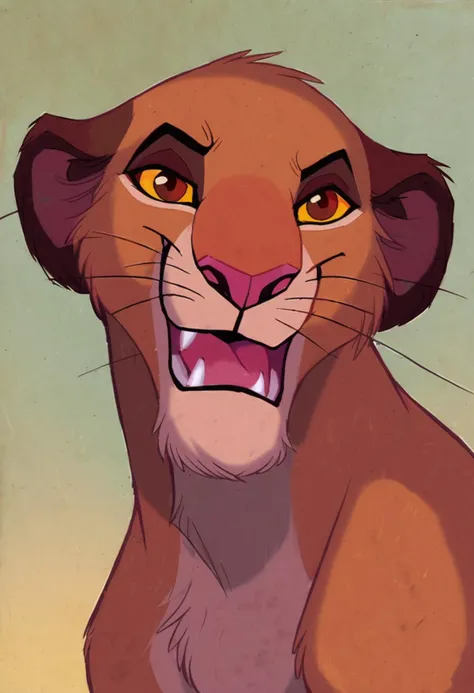 score_9, score_8_up, score_7_up, score_6_up, smile, open mouth, brown eyes, yellow eyes, :d, outdoors, closeup, looking at viewer, teeth, tongue, orange eyes, no humans, animal, fangs, happy, portrait, cropped body, colored sclera, looking ahead, animal focus, creature, yellow sclera, brown fur, whiskers, horizontal pupils, cave, lion cub, smile, retro artstyle, traditional media, <lora:Disney_Renaissance-06:1>