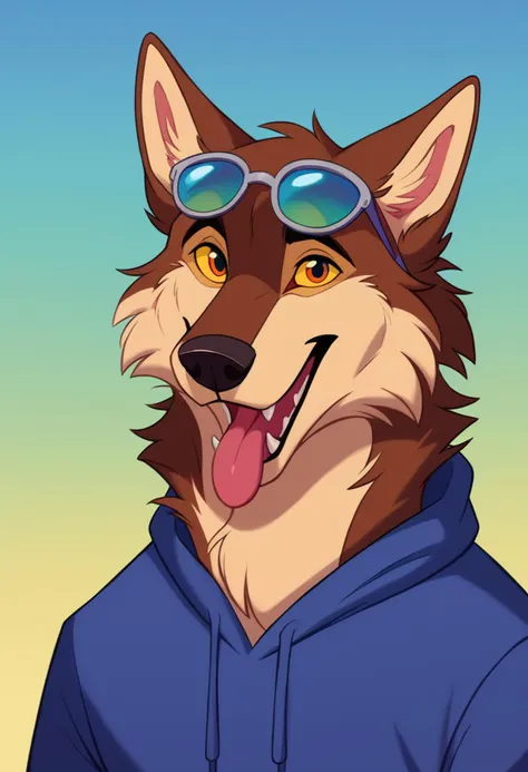 score_9, score_8_up, score_7_up, score_6_up, furry, 1boy, wolf, eyewear on head, upper body, happy, hoodie, colorful clothing, looking at viewer, open mouth, simple background, full body, yellow eyes, outdoors, teeth, sky, tongue, gradient background, blue background, colored sclera, purple background, yellow sclera, gradient sky, retro artstyle, <lora:Disney_Renaissance-06:1>