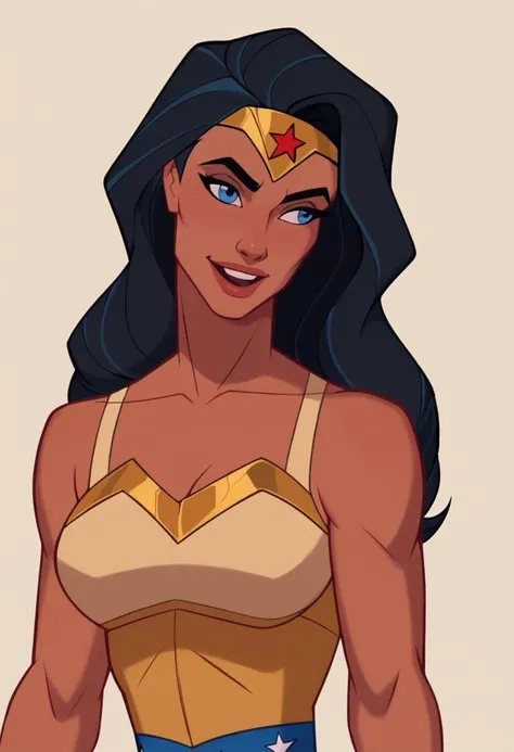 score_9, score_8_up, score_7_up, score_6_up, smile, wonder woman, open mouth, long hair, simple background, shirt, black hair, 1girl, blue eyes, upper body, :d, teeth, sleeveless, dark skin, upper teeth only, thick eyebrows, dark-skinned female, tank top, portrait, retro artstyle, <lora:Disney_Renaissance-06:1>