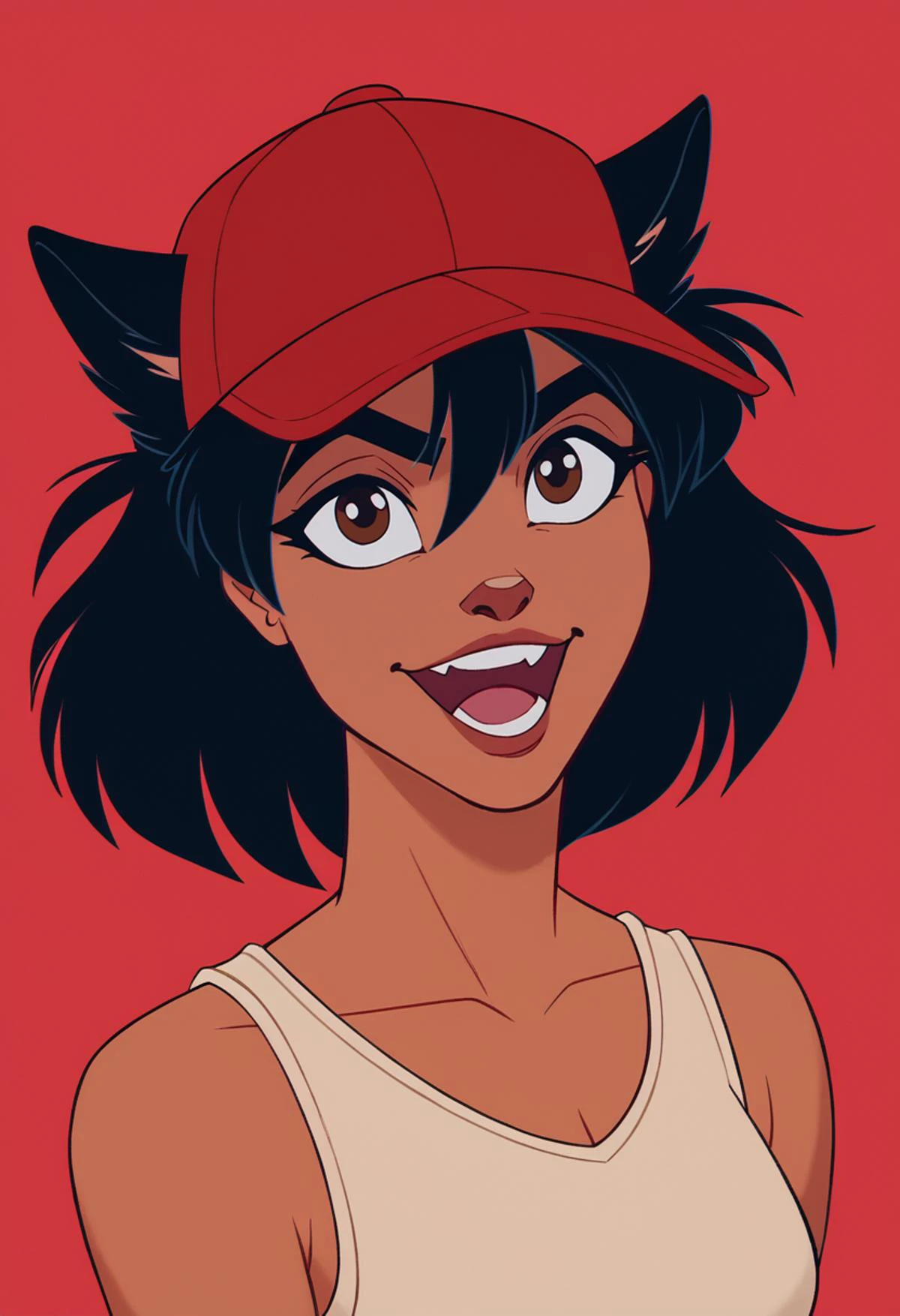 score_9, score_8_up, score_7_up, score_6_up, smile, asuka langley, furry, fox girl, open mouth, short hair, simple background, shirt, black hair, 1girl, baseball cap, brown eyes, upper body, :d, teeth, sleeveless, dark skin, upper teeth only, thick eyebrows, dark-skinned male, tank top, portrait, red headwear, red background, purple headwear, retro artstyle, <lora:Disney_Renaissance-06:1>