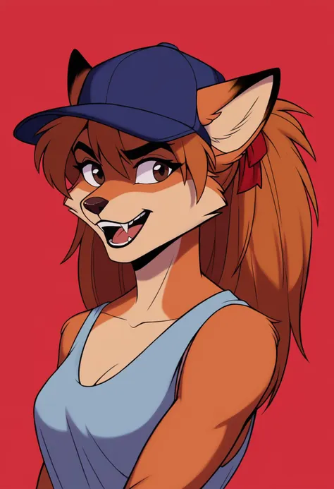 score_9, score_8_up, score_7_up, score_6_up, smile, asuka langley, furry, fox girl, open mouth, short hair, simple background, shirt, black hair, 1girl, baseball cap, brown eyes, upper body, :d, teeth, sleeveless, dark skin, upper teeth only, thick eyebrows, dark-skinned male, tank top, portrait, red headwear, red background, purple headwear, retro artstyle, <lora:Disney_Renaissance-06:1>