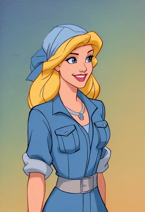 score_9, score_8_up, score_7_up, score_6_up, cinderella, blonde, jumpsuit, pale blue jumpsuit, silver belt, denim jacket, rolled up sleeves, silver necklace, blue headscarf, upper teeth only, smile, cowboy shot, long hair, 1girl, standing, gradient background, vibrant colors, retro artstyle, traditional media, <lora:princess_pony_v1:0.7>, <lora:Disney_Renaissance-06:1>