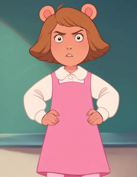 (zPDXL), score_9, score_8_up, score_7_up, score_6_up, score_5_up, score_4_up, rating_safe, source_cartoon, hands on hips, (wide stance:1.2), young, , <lora:D.W_Read_Arthur:1> d.w, short hair, brown hair, animal ears, pink dress, white undershirt, long white sleeves, light pink leggings, blue mary janes, annoyed, detailed background, looking at you, looking down at you, low angle, classroom, blackboard, <lora:Disney_Renaissance:1> retro artstyle, 1990's (style), blurry background,