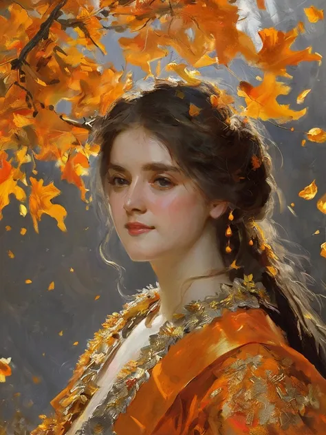 sargent,1girl,fire,burning,autumn,orange_theme,autumn_leaves,orange_flower,solo,flame,leaf,ginkgo_leaf,long_hair,best quality,masterpiece,extremely detailed,finely detail,highly detailed,jewelry,(metalisk:1.1),(metal reflection:1.1),<lora:sargent:0.85>,