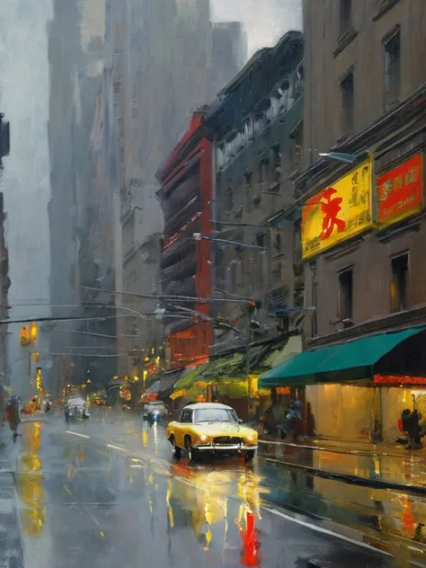 sargent,city,street,rainydayjp,surface reflection,automobile,sports_car,pedestrian,lights,<lora:sargent:0.85>,