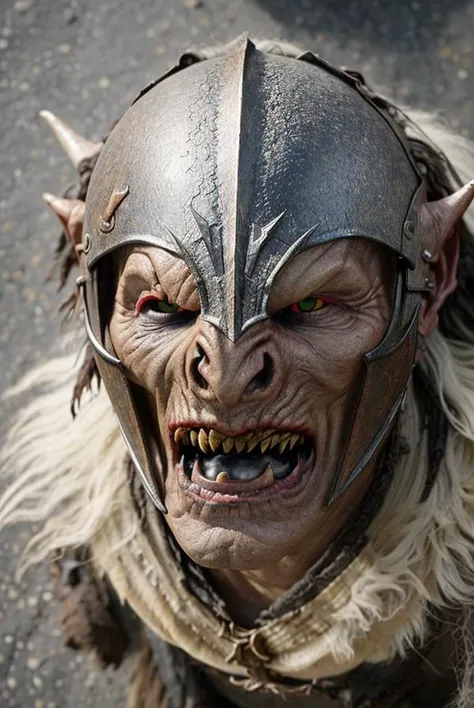 (from above:1.5), (orcx-uruks), an orc, lord of the rings orc, uruks, (smokerealistic:0.8), (rusty helmet:1.2), smiling, hyper realistic, ultra detailed, epic cinematic, soft studio lights, rim light, absurd, unreal, 8K