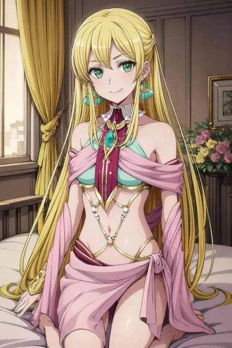 seductive smile, <lora:AphroditeDanmachi-03:0.7>, AphroditeDanmachi, blonde hair, green eyes, long hair, earrings, jewelry, revealing clothes, (wariza), (indoor, bedroom, on bed), (masterpiece, best quality, ultra-detailed, best shadow)